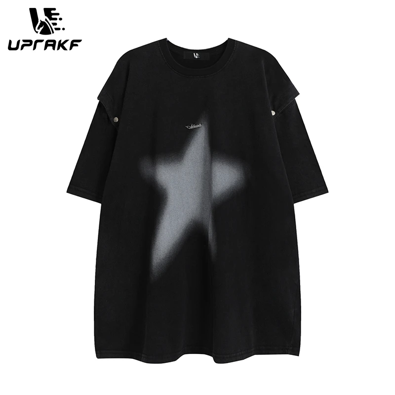 UPRAKF Y2K Hip Hop Retro Star Graphic Print T Shirt Detachable Sleeve Fashion Washed Oversize Men Short Sleeve Top Tees