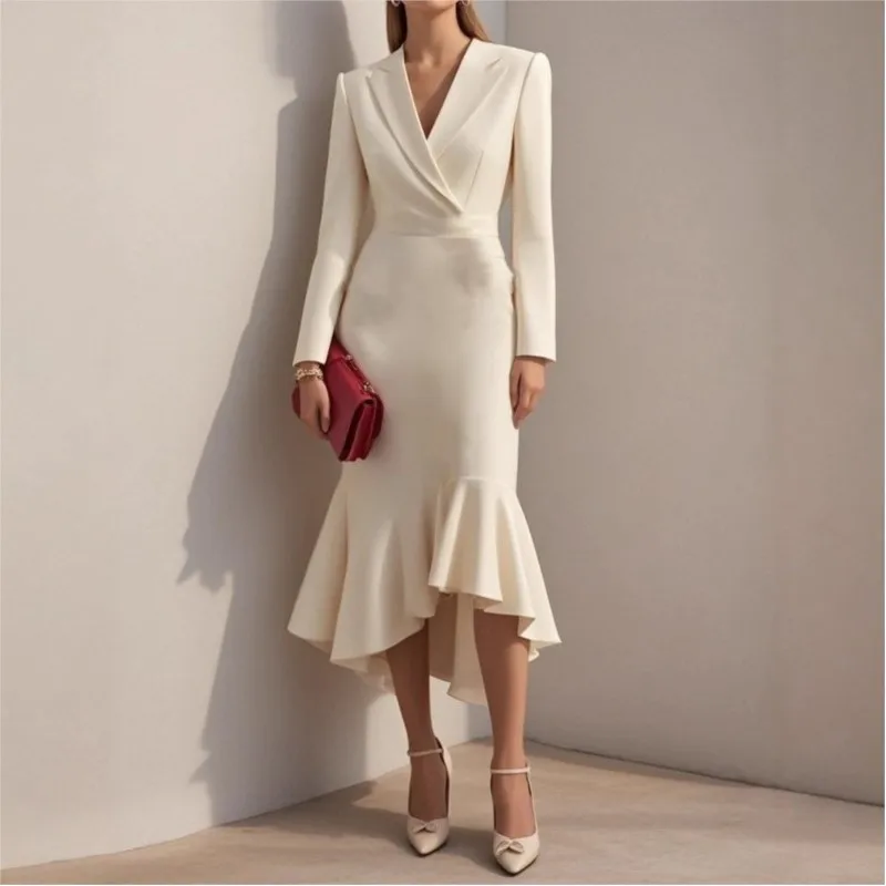 

Fashion Commuting Dress 2025 Hight Waist Slim Solid color Casual Ruffle Fishtail Dress V-neck Long Sleeve Party Evening for Lady