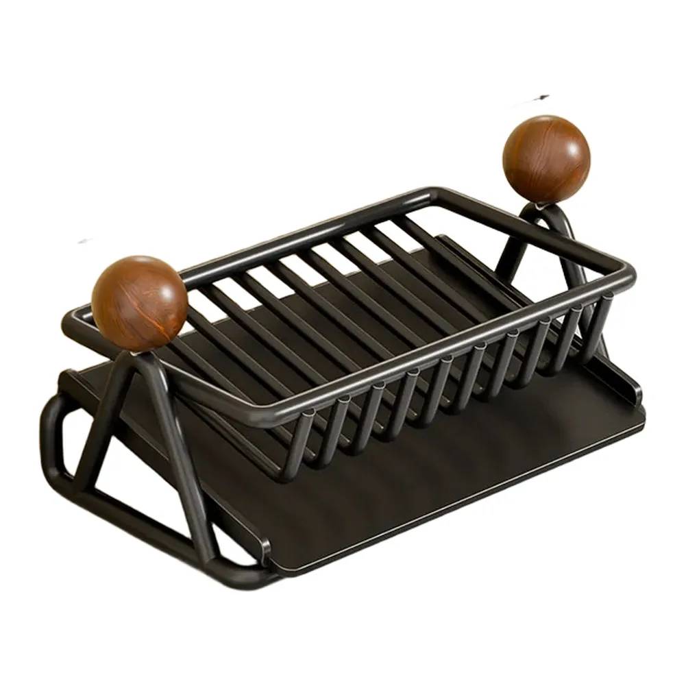 Open Lattice Tray Soap Dish with Quick Drain Gaps Metal Wood Construction for Bathroom Sink Countertop Space Saver