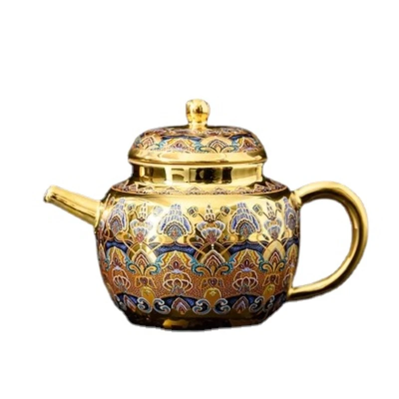 Handmade gold teapot, flower pile, enamel, color bubble tea set, tea cup cover bowl, gold cup, small gold pot