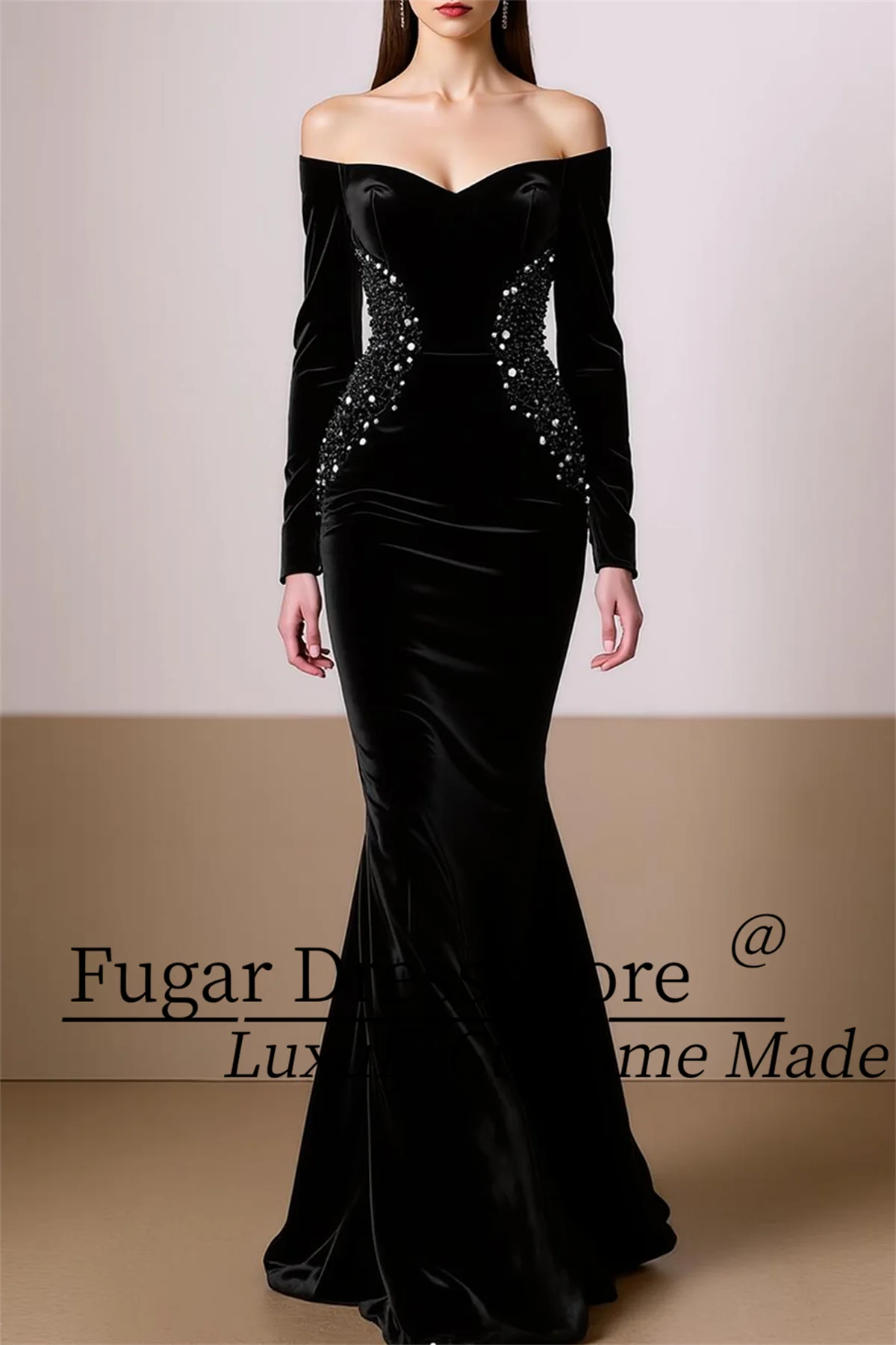 

TIAN TIAN Customized Size Evening Formal Dress Mermaid Black Long Sleeves Beaded Party Maxi Dress Vestidos de fiesta elegantes