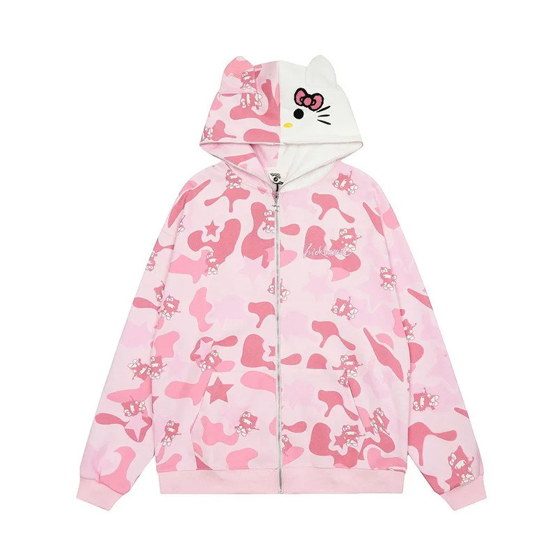 Cute Hello Kitty Baseball Uniform Kawaii Cartoon American Style Retro Loose Simple Autumn Winter Couple Jacket Top Girl Gifts