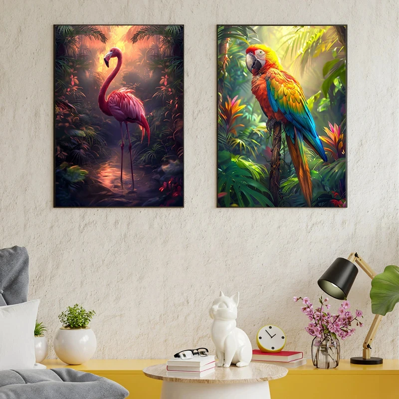 Fantasy Style  Jungle Animal Tiger Leopard Parrot Art Poster Canvas Painting Wall Prints Picture for Living Room Home Decor