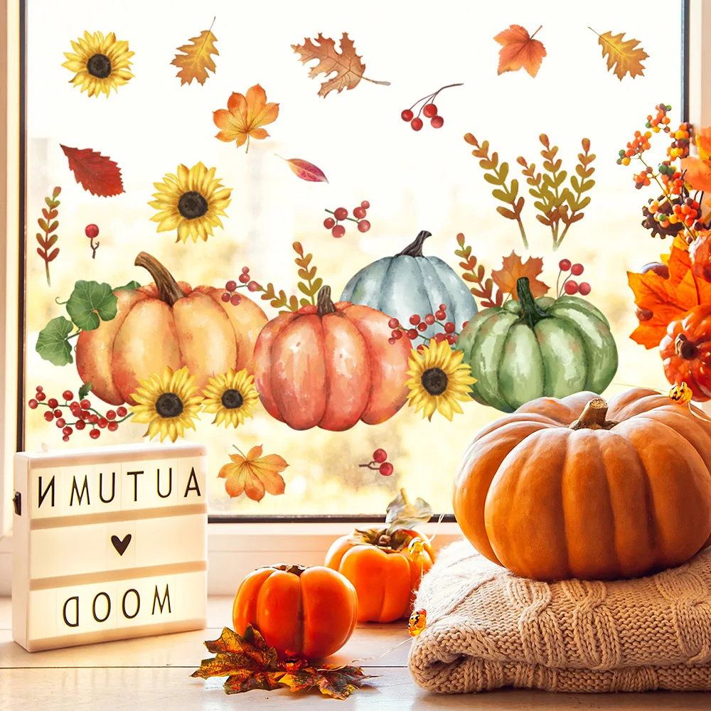 Chzimade Autumn Window Cling for Glass Pumpkin Autumn Leave Clings for Fall Window Stickers Thanksgiving Home Office Decorations