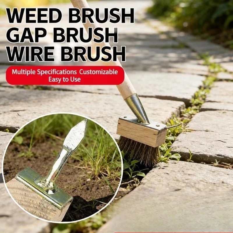 Multifunctional Garden Weeding Wire Brush Long Solid Wood Handle Yard Cleaning Tool Professional Ground Scrubber Weed Remover