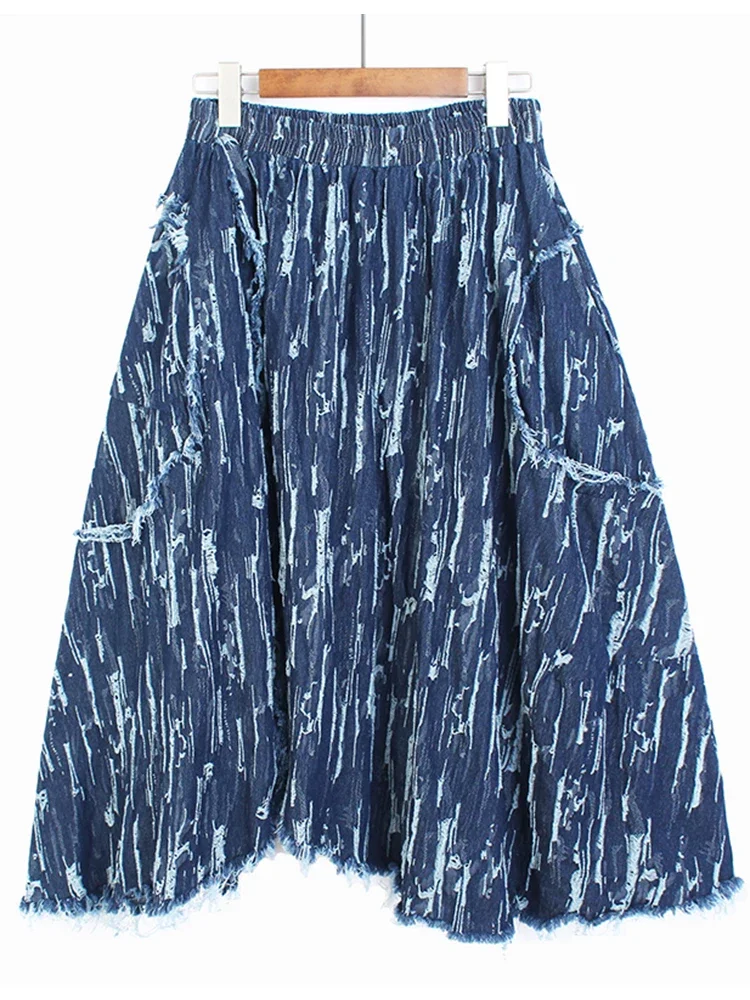 XITAO Irregular Skirt Fashion Print Pattern Elastic Waist Goddess Fan Pleated 2024 Spring Minority Pocket Loose Skirt ZY7970