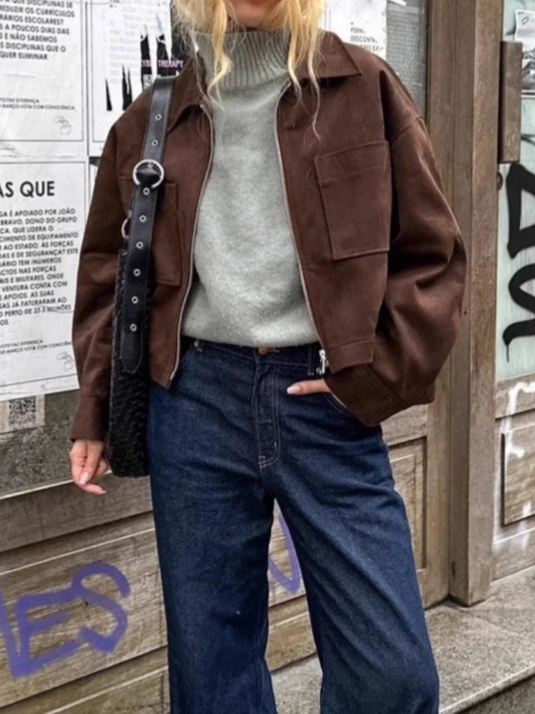 

New in Autumn Retro Suede Short Jacket Women Fashion Loose Casual Turn Down Collar Zipper Outerwear Street Chic Office Coat
