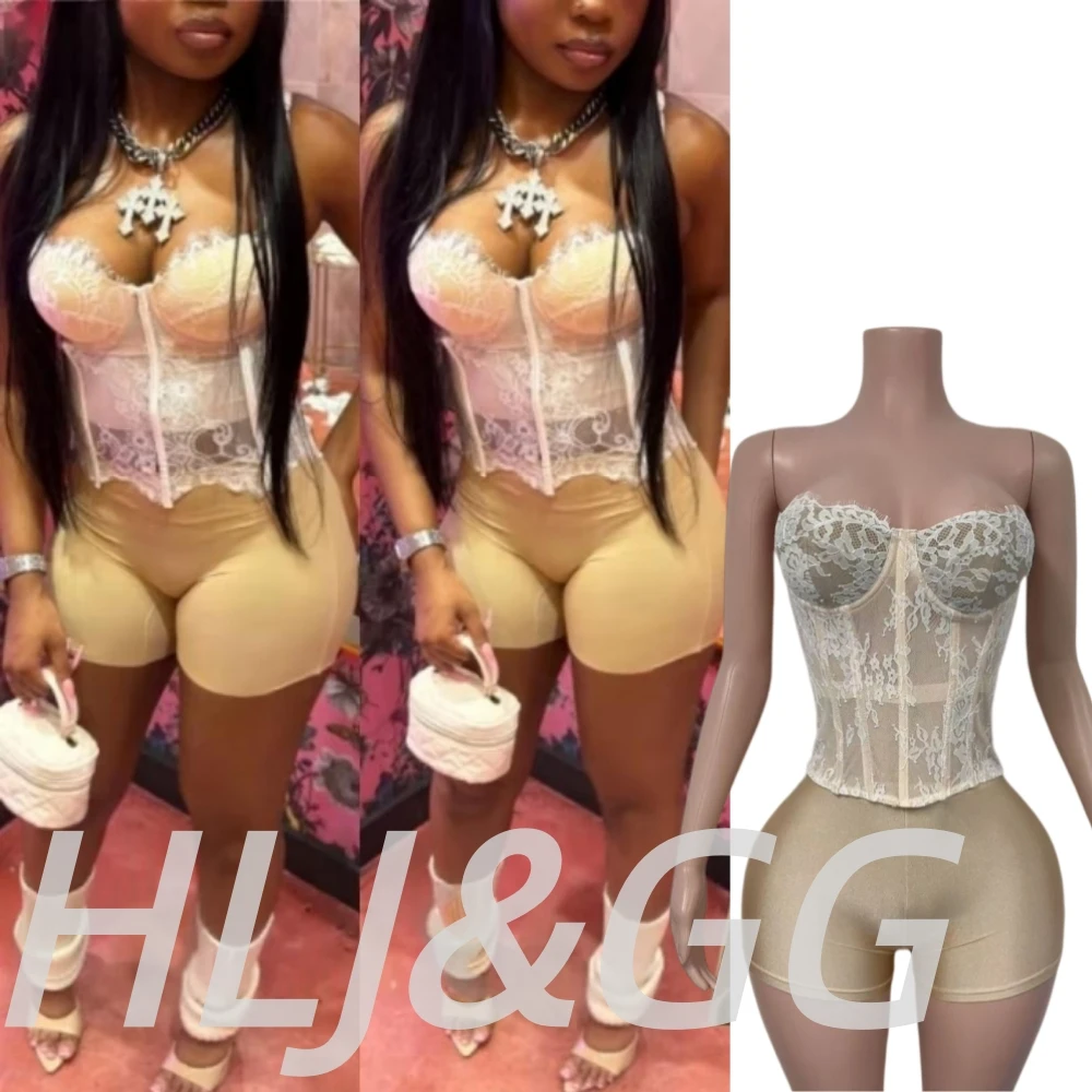 HLJ&GG Sexy Lace Splicing See Though Print Two Piece Sets Women Off Shoulder Slim Corset + Shorts Outfits Y2K Fashion Streetwear