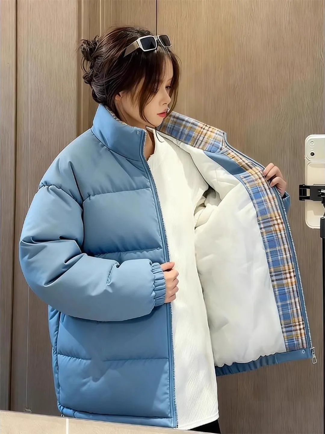 

Blue Jiujiang down Cotton Jaet Men's Winter Warm Coat Cleanfit Plaid Splicing Stand Collar Bread Sle Polyester Fabric