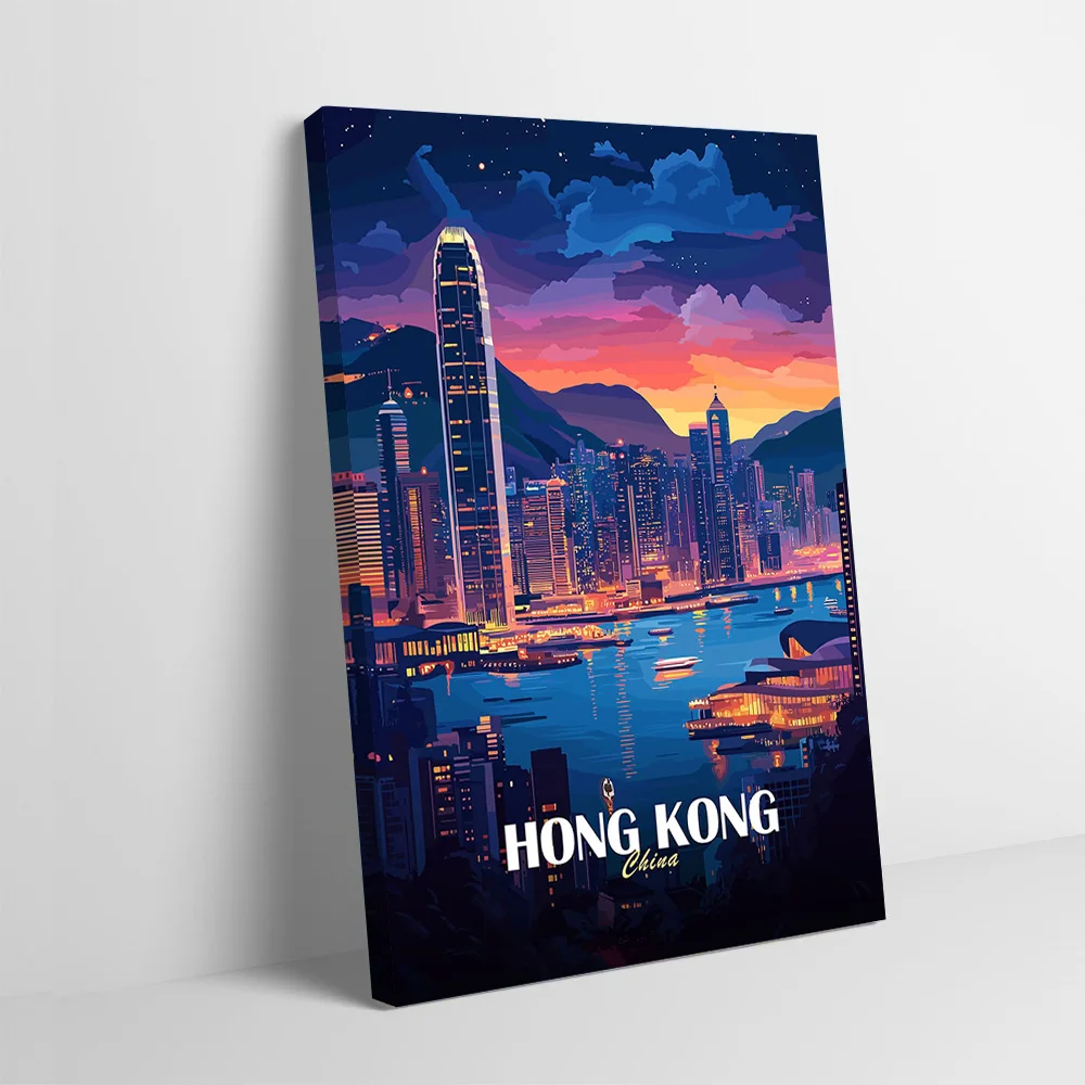 هونج كونج سيتي سكيب في الغسق ملصق مخصص مطبوعة قماش اللوحة للصور جدار الفن الديكور ديكور المنزل الحمام