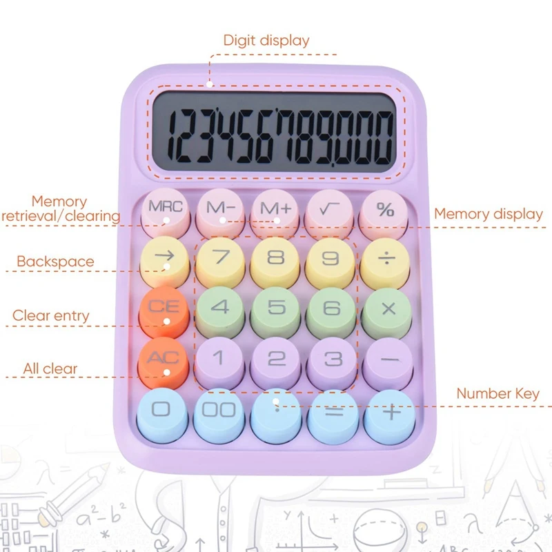 Calculatrice mécanique à bouton-poussoir, écran LCD à 12 chiffres, gros boutons, facile à appuyer, calculatrice de bonbons colorés