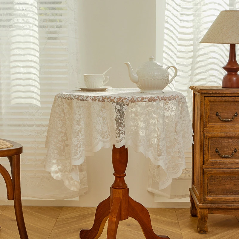 White lace tablecloth, vintage coffee table cloth, round table, bedside table, sofa, refrigerator cover cloth, pastoral