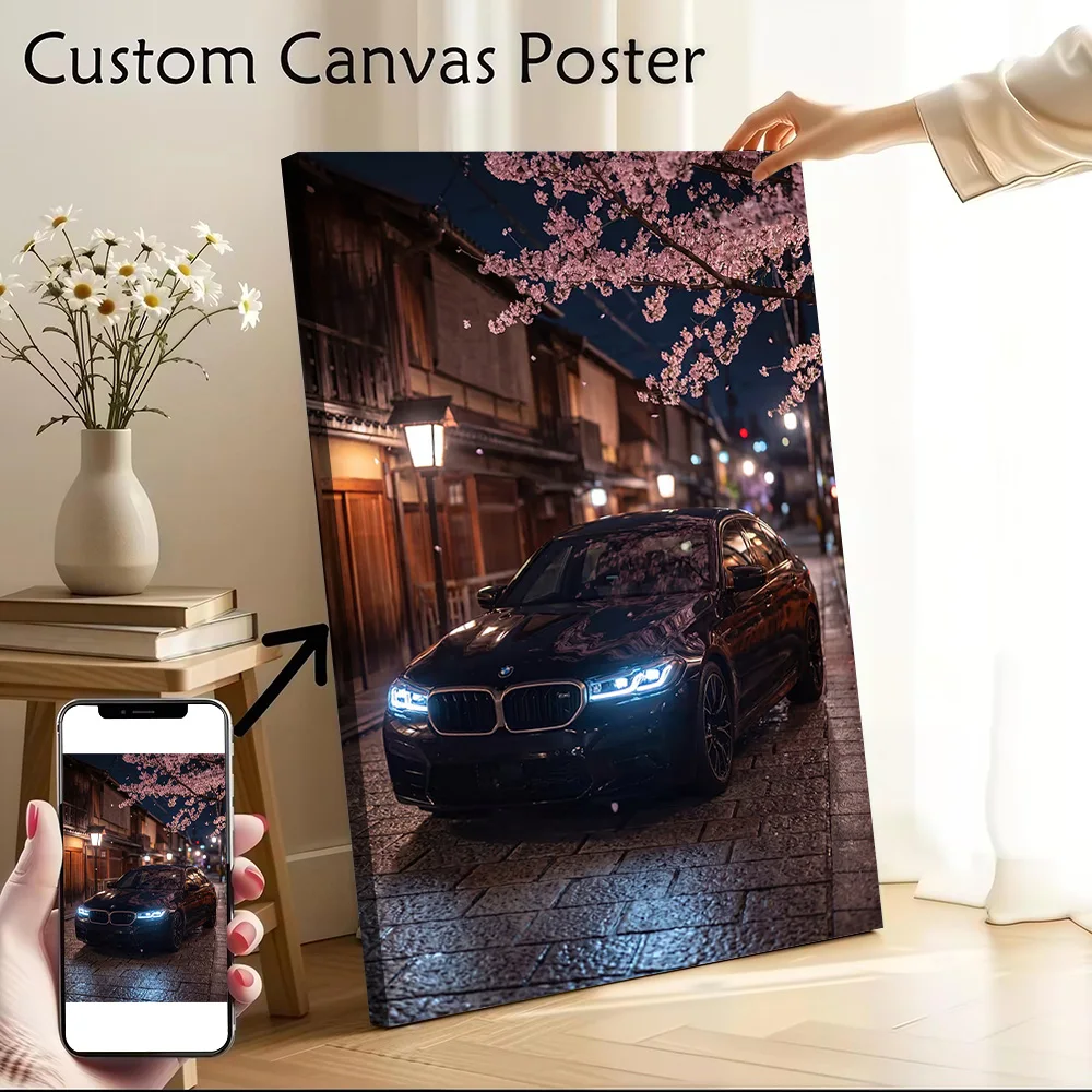 Sports Car M5 in Cherry Blossom Alley Poster Canvas Wall Art Personalized Print Modern Painting Perfect Gift for Home Decor Arts
