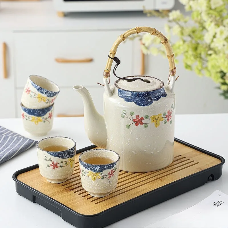Japanese Creative Tricolor Ceramic Kettle Retro Large Capacity Decorative Teapot Porcelain Teacup Hand-drawn Drinking Utensils