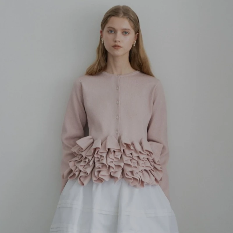 Chic Woman Pleated Fungus Lotus Edge Splicing Knitted Cardigan Ruffles Sweater Coat Long Lantern Sleeved Ruched Knit Jacket Tops