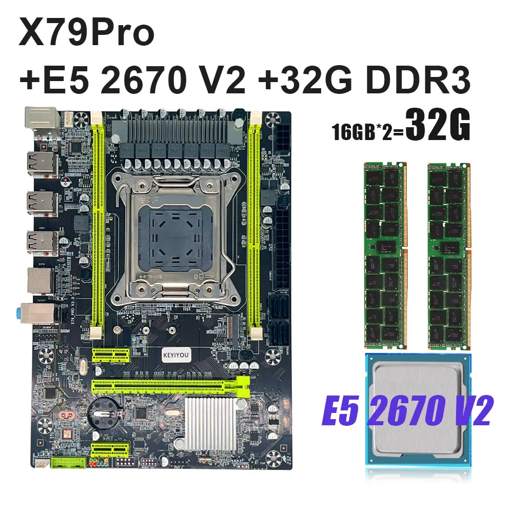 

KEYIYOU X79Pro motherboard Set LGA 2011 V1 V2 with 2*16=32GB DDR3 ECC REG RAM kit Xeon E5 2670 V2 CPU