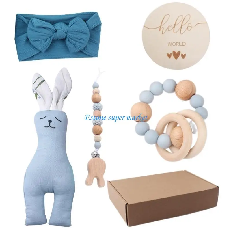 

090B 5Pcs Pacifier Chain Bowknot Head Wrap Teether Bead Soothing Doll Card Set