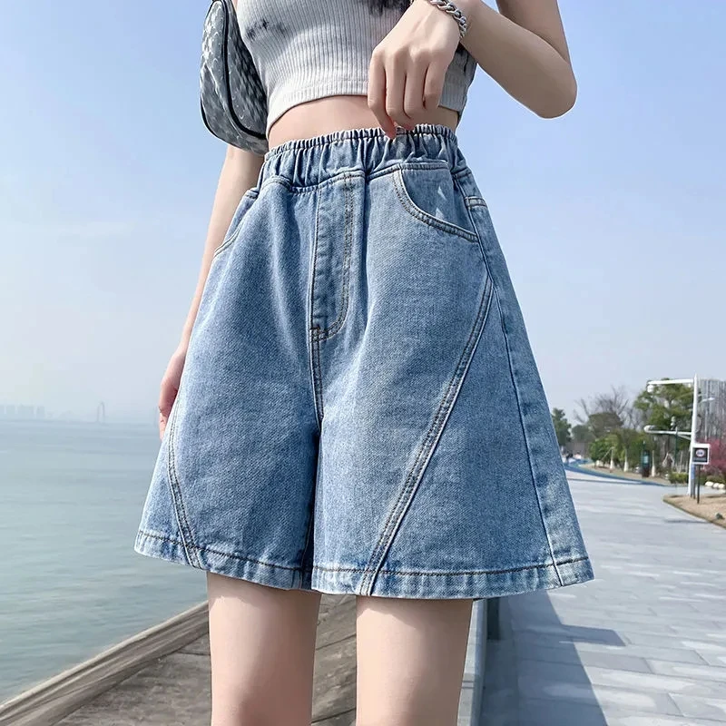 Big Size Denim Shorts Quarter Trousers A Wide Leg Loose High Waist Skinny Students Fattening Women Pocket Splicing Stripe