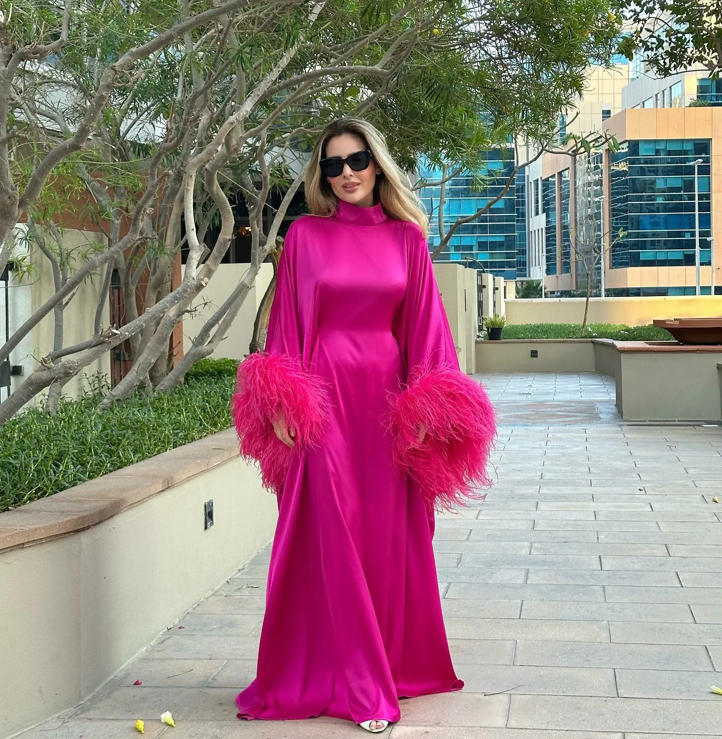 Luxury Evening Dresses Fuchsia High Neck Customized Feathers Arabic Guest Elegant Party Dresses Woman 2024 Gala Dress