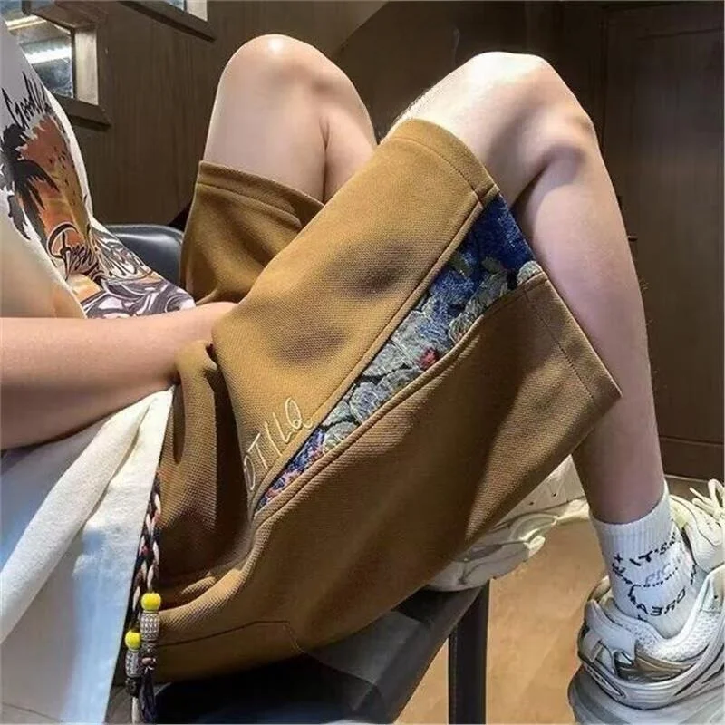 

Youthful Bear Patchwork Loose Fit Five-Quarter Sport Pants Casual Shorts mid Waist Color Block Teenage Boy's Summer Wear