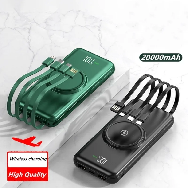 

New 20000mAh Wireless Power Bank Fast Charging Built-in Quad Power Cable Mobile Phone Charger For Iphone 13 14 15 Xiaomi Samsung