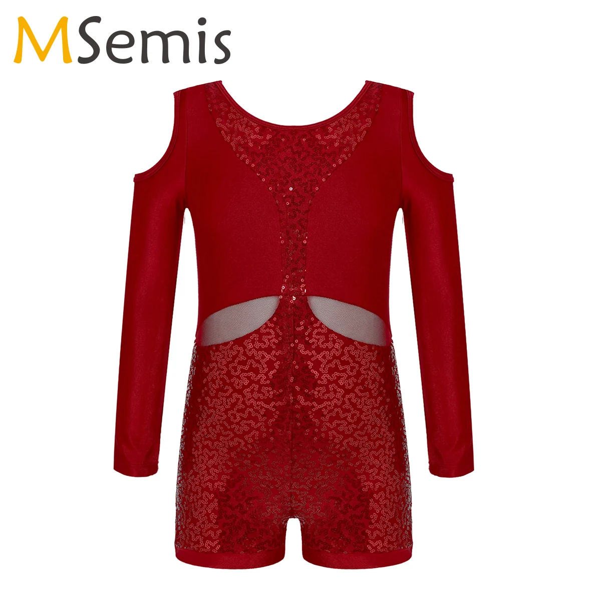 

Kids Hollow Shoulder Sequins Biketards Shiny Shorty Unitards For Gymnastics Girls Long Sleeve Ballet Dance Leotards Costumes