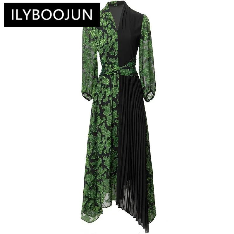 

ILYBOOJUN Fashion Designer Summer Women's Velvet Chiffon Splicing Sexy V-Neck Lantern Sleeved Elegant Printed Dresses