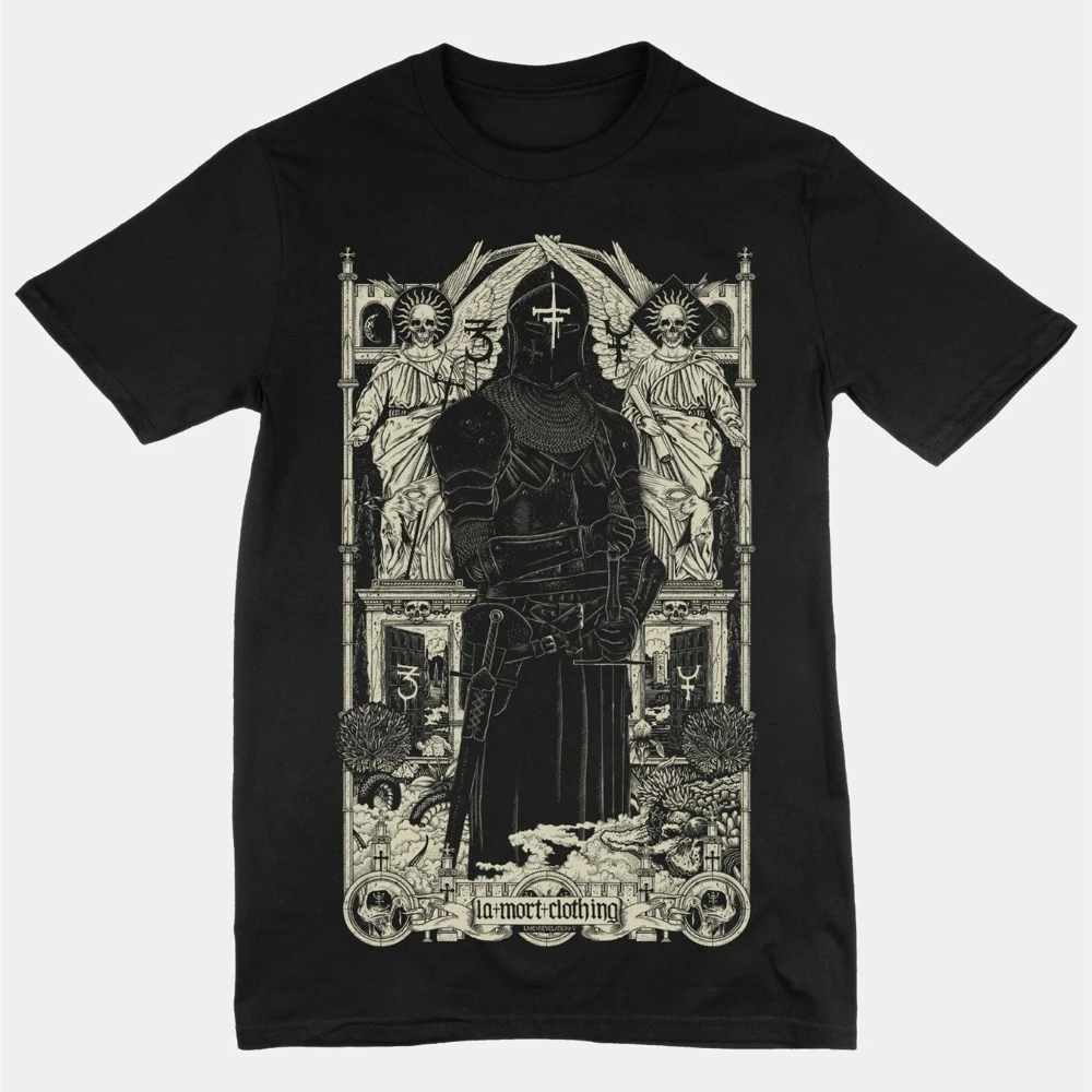Black T-Shirt Gothic Medieval Knight Castle Print Dark Fantasy Style Suitable for Machine Washing Ideal for Medieval Events
