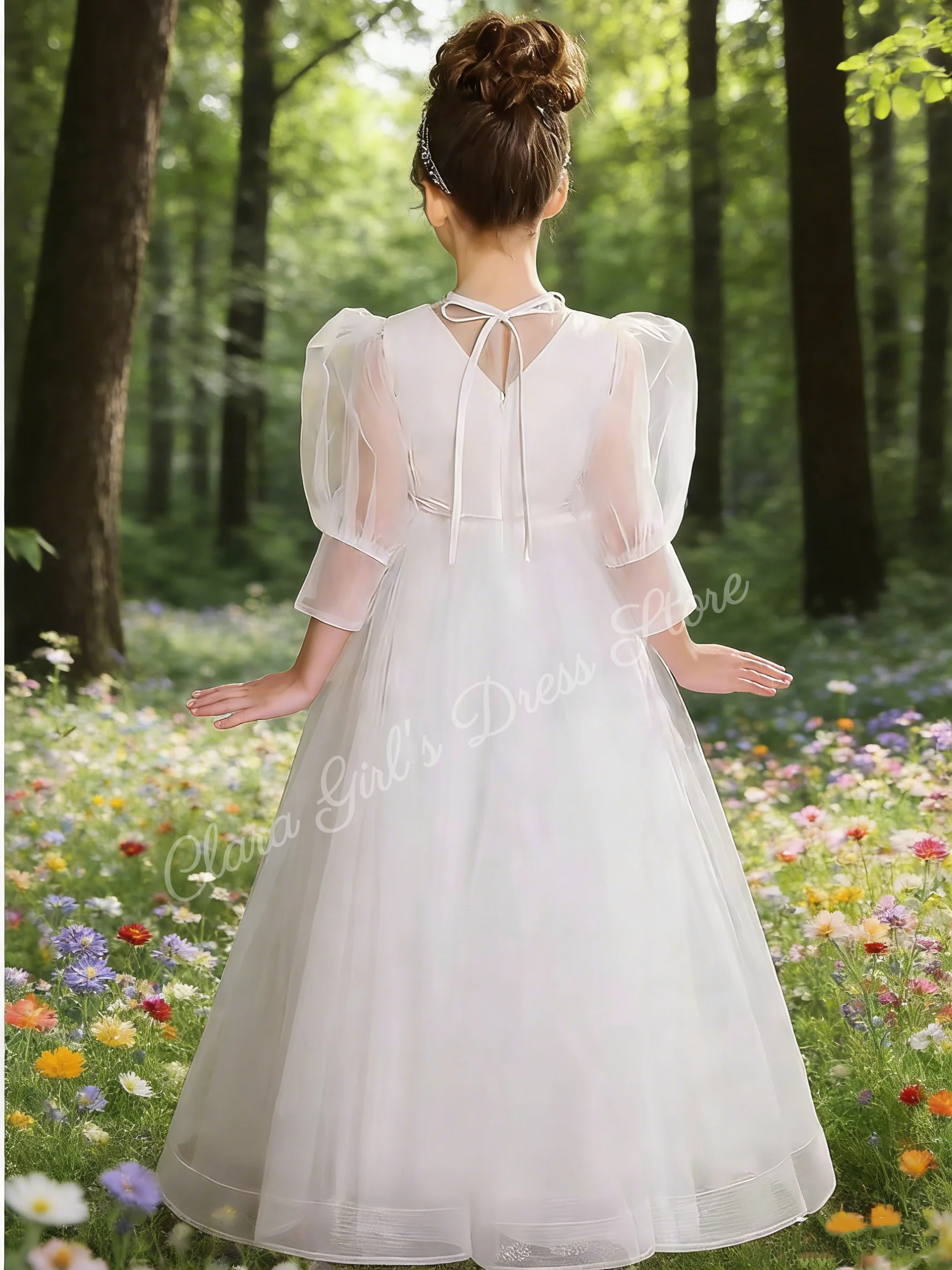 Aanpasbare witte bloemenmeisjesjurk met gezwollen tule rok voor verjaardagsfeestjes voor kleine meisjes, optochten en bruiloftsdinerjurken