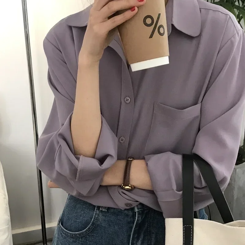 Women Blouses Long Sleeve Turn Down Collar Denim Shirt Single Breasted Button Pockets Loose Casual Winter 2025 Solid Color - Image 3