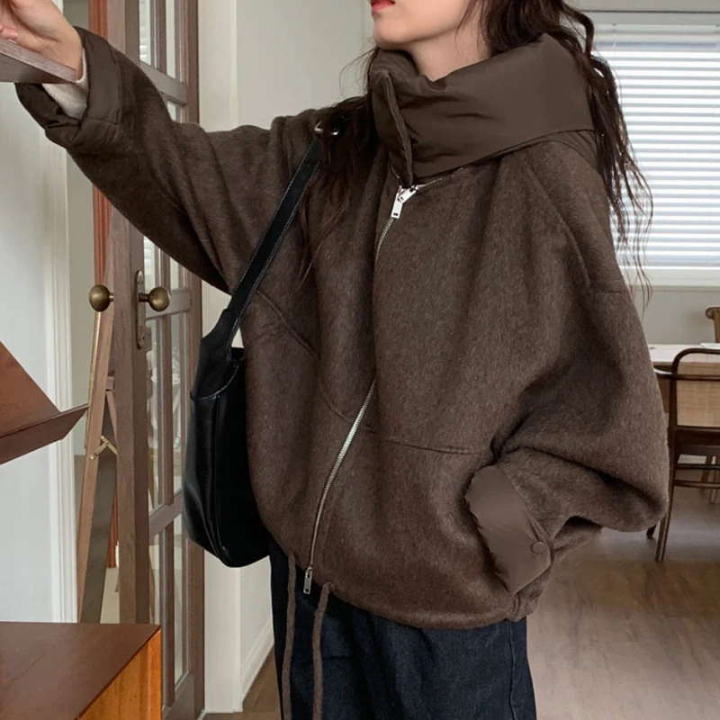 

Женская осенне-зимняя куртка из искусственной шерсти Harajuku Y2K, укороченное пальто с капюшоном, шикарная лоскутная съемная уличная повседневная верхняя одежда на молнии