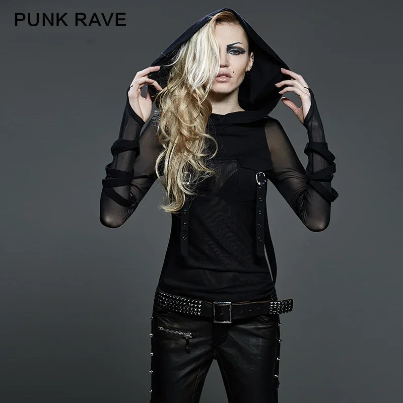 PUNK RAVE Punk Women Dark Street T-Shirt Big Hood Black Translucent Long Sleeves Stretch Tee Shirt Heavy Steampunk Tops Hooded