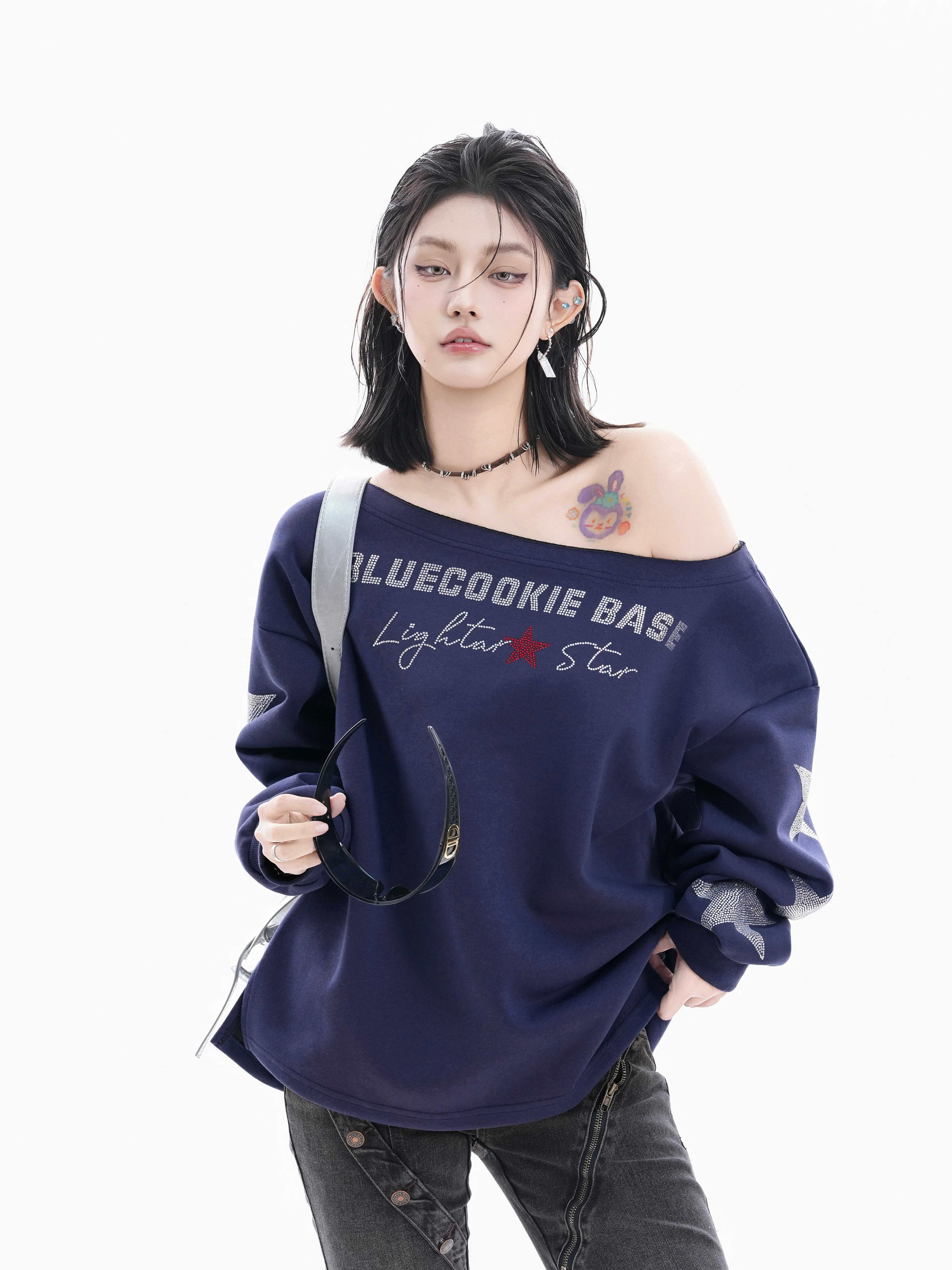 

American Retro Off-Shoulder Sweatshirt Women's Spicy Loose Long-Sleeve Printed Top Breathable Cotton Polyester Blend