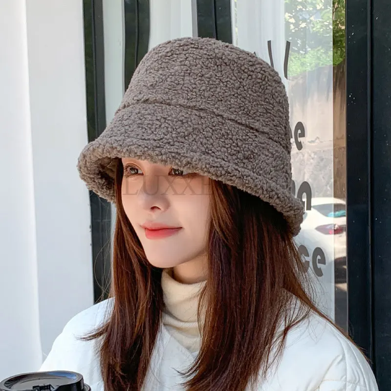 

Lamb Fur Fisherman Cap Autumn Winter Fur Warm Female Hat Ear Protection Men and Women Solid Bucket Cap Outdoor Sun Panama Hat