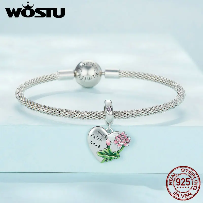 Wostu 925 Sterling Zilveren Lotus Opknoping Kraal Rose Gegraveerde Charm Gift Voor Vrouwen Fit Originele Armband Ketting Fijne Sieraden