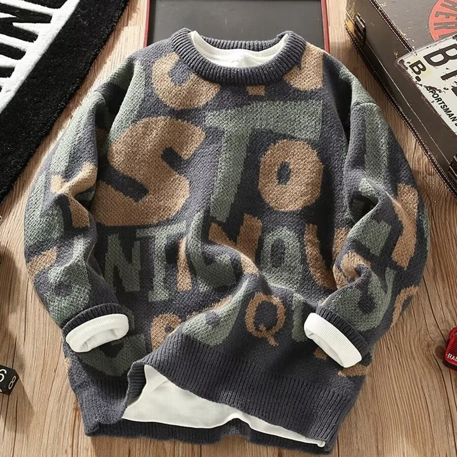 Caldo maglione lavorato a maglia da uomo con lettera ricamata lunga Sve Retro Casual strato base autunno inverno Faionable poliestere F...