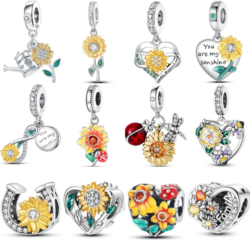 925 Sterling Silver Golden Sunflowers Heart Series Charms Beads Fit Original Pandora Bracelets S925 DIY Jewelry Anniversary Gift