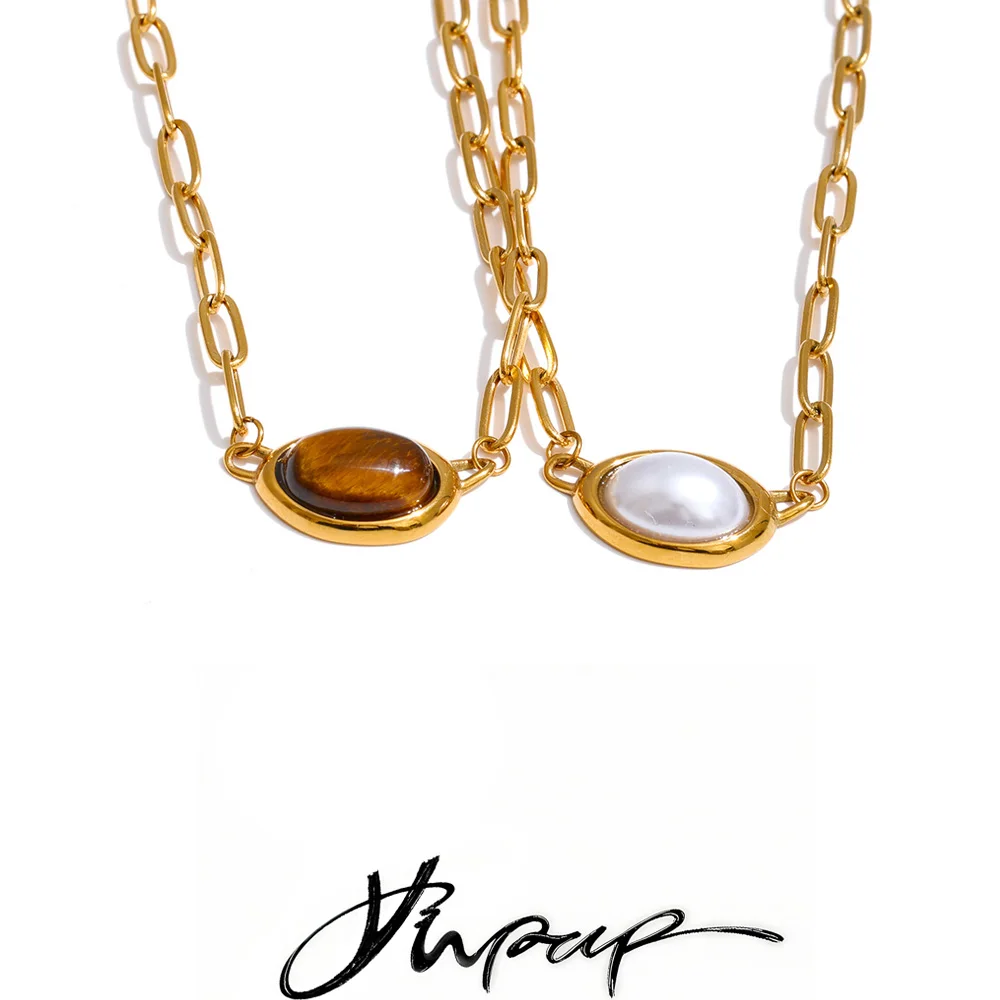 Yhpup Natural Tiger Stone Imitation Pearl Pendant Necklace for Women 18K Golden Plated Stainless Steel Trendy Neck Jewelry Gift