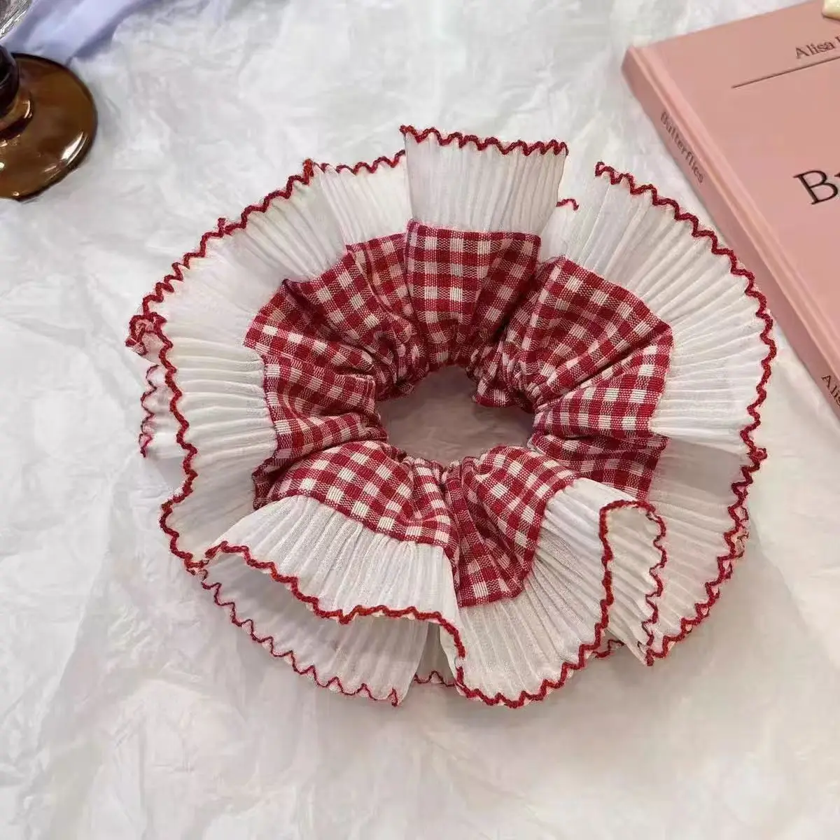 

2025 New high-end Style Lace Plaid Large Intestine Hair Circle women's Headdress Cute Sweet Pastoral Style Hair Tie