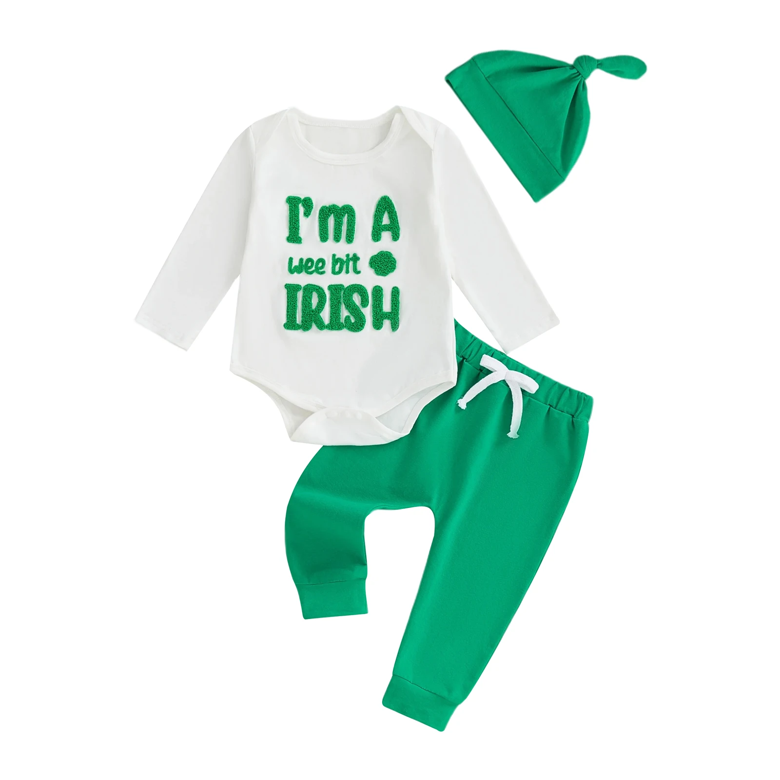 طقم ملابس للأطفال الأولاد مكون من 3 قطع مع بدلة قطعة واحدة بأكمام طويلة مطرزة من Lucky Clover وسروال أخضر وقبعة متنسيقة