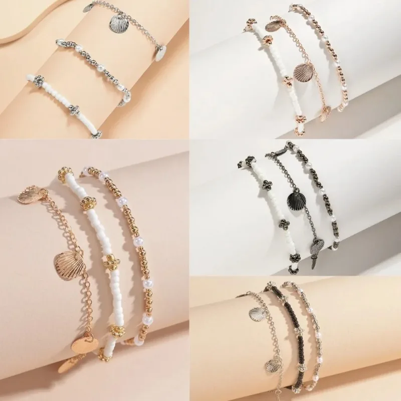 3pcs Set Bohemian Marine Style Colorful Beaded Scallop Imitation Pearl Elastic Anklets for Women Men Exquisite Party Jewelry Set