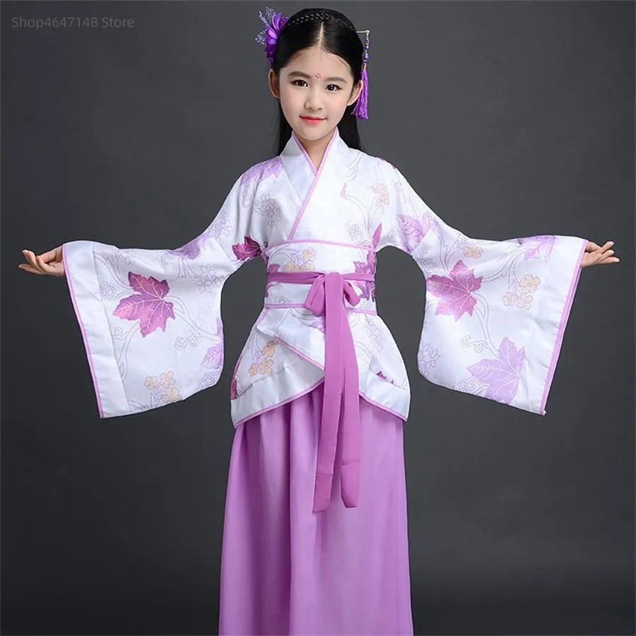 Chinese silk robe Costume Girls Children Kimono China Traditional Vintage Ethnic Fan Students Chorus Dance Costume Hanfu