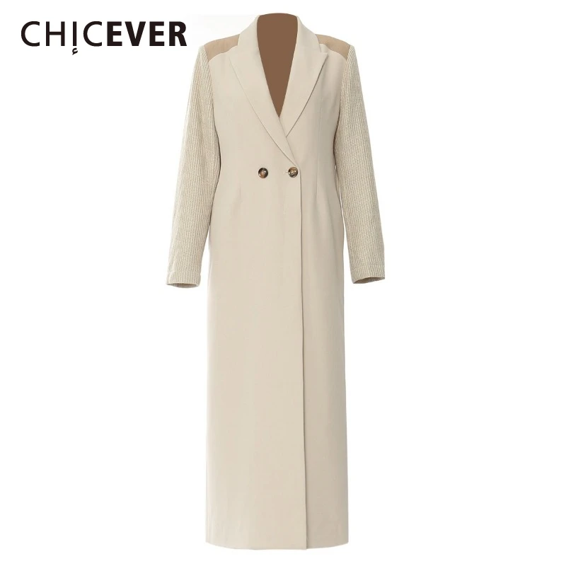 

CHICEVER Hit Color Basics Trench for Women Notched Collar Long Sleeve High Waist Patchwork Double Breasted Coats Female Spring