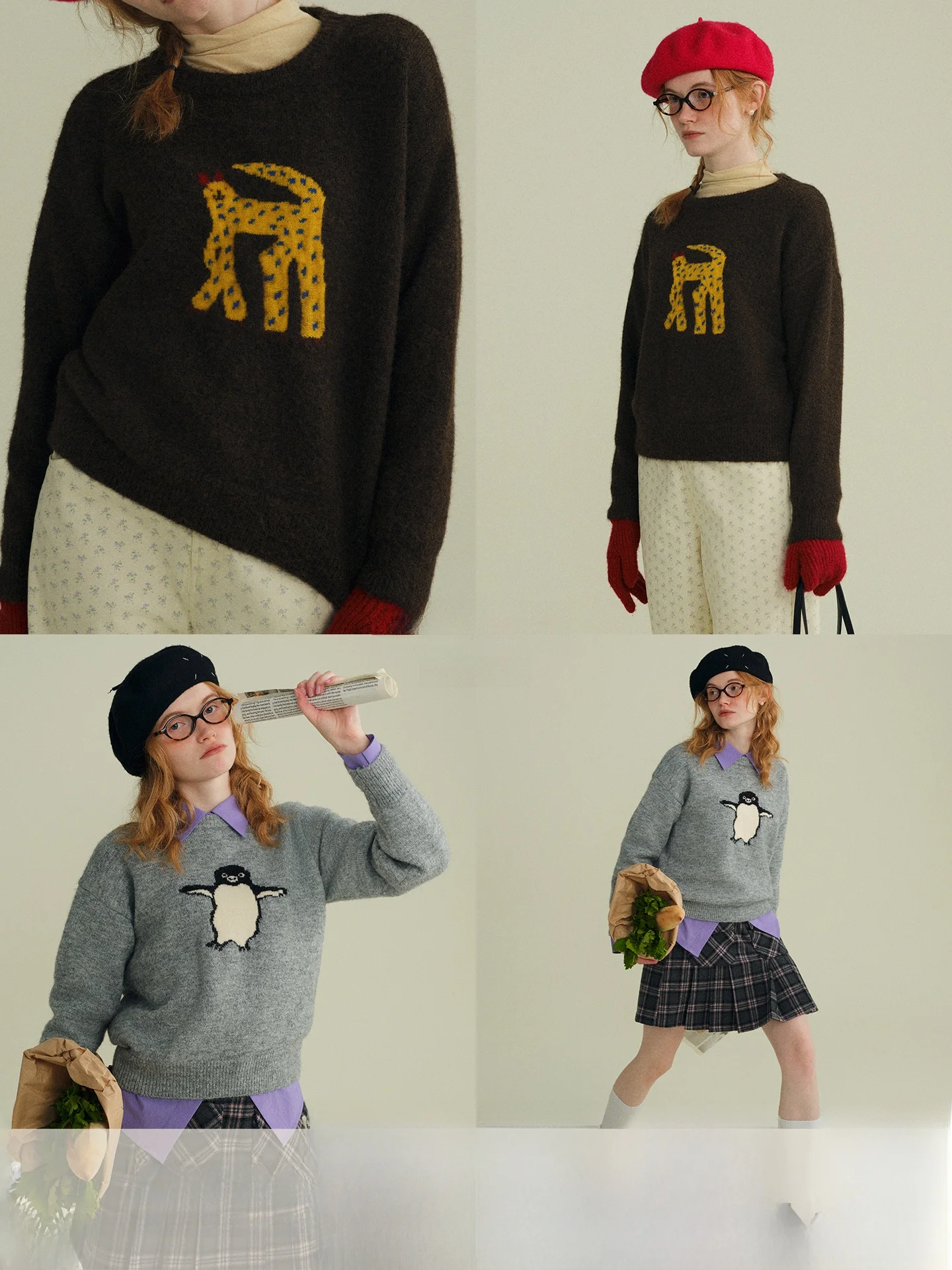 

Вязаный шерстяной топ Rina Berry с милым мультяшным принтом, свободного кроя, осенне-зимний, универсальный, из мягкой смеси полиэстера, нейлона, шерсти и спандекса