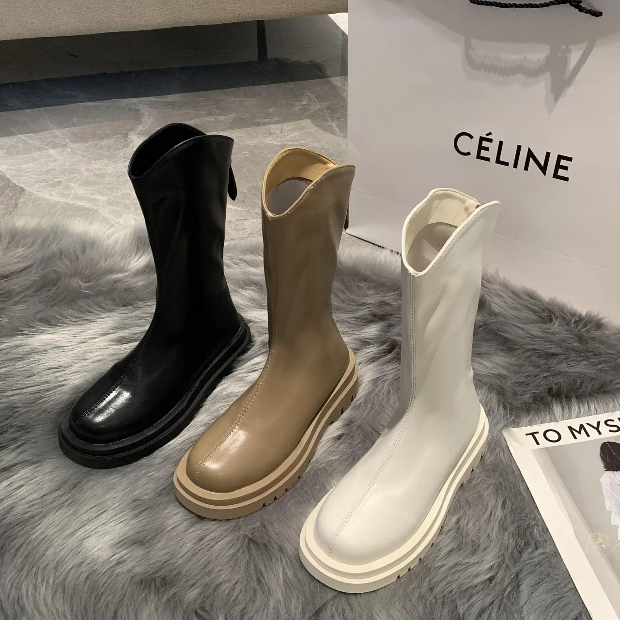 Bottes à plateforme mi-mollet pour femmes, bottes Parker rondes, fermeture éclair, mode féminine, automne, hiver, nouveau, 2023