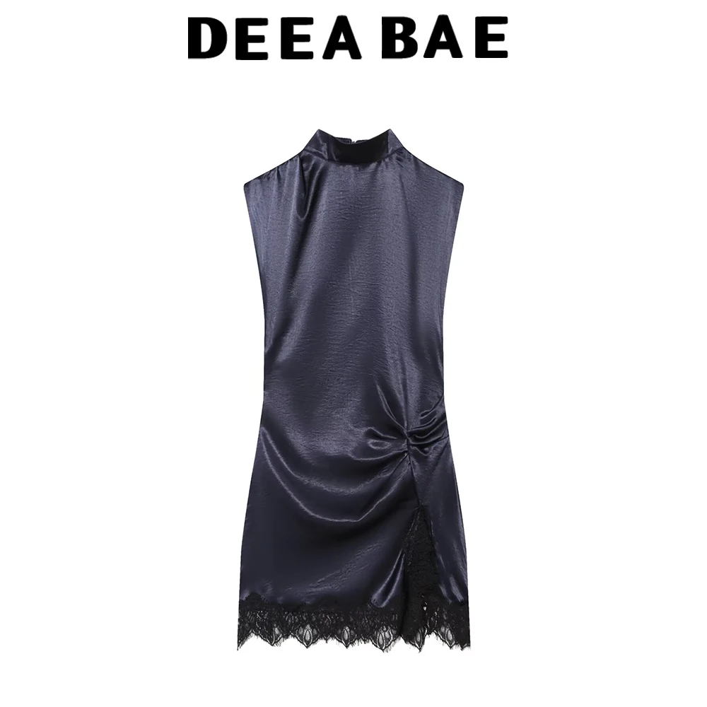 DEEABAE hiver femmes sexy col montant sans manches soie satin texture patchwork dentelle mini robe