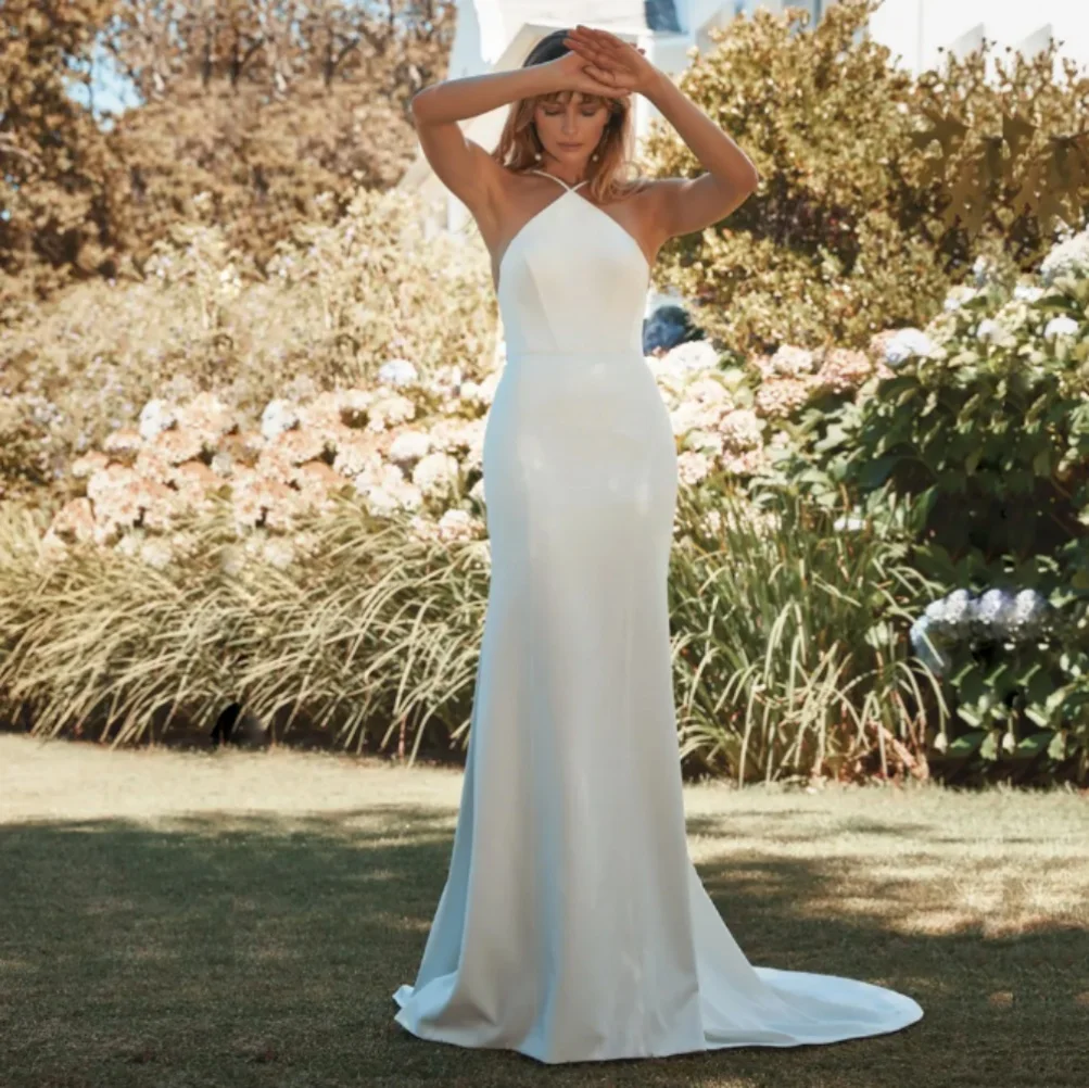 Sexy Summer Wedding Dress Spaghetti Straps Sleeveless Plain Satin Mermaid Sweep Train White Bridal Gown Vestido De Novia 2024