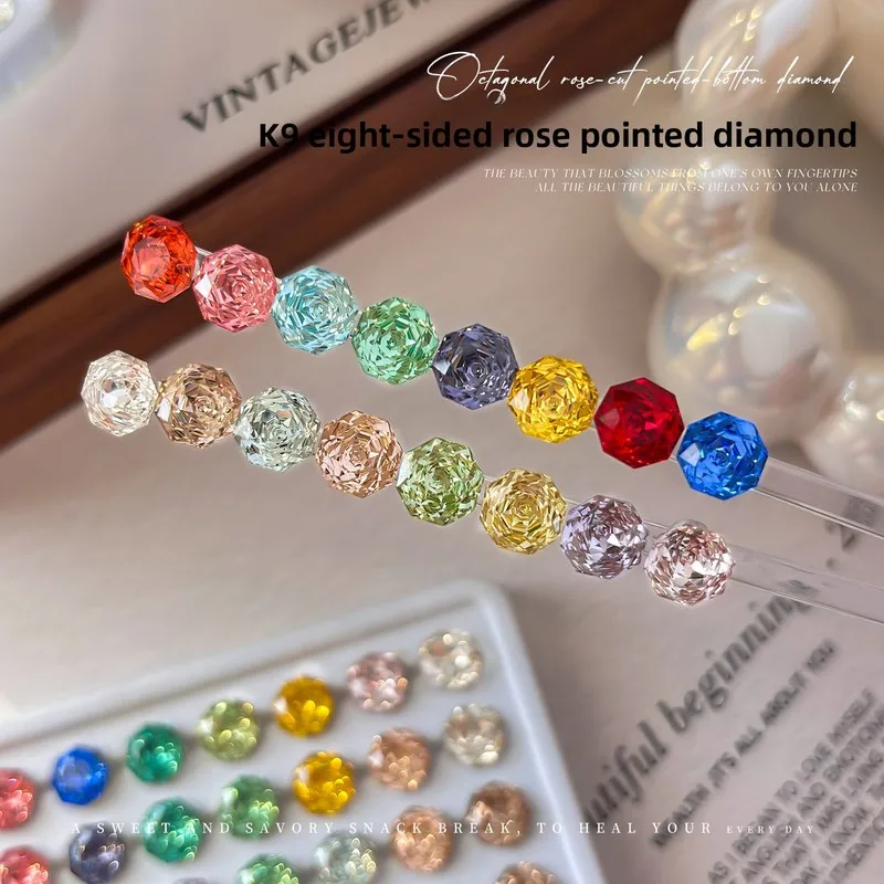 LYLE 4PCS K9 Octagon Millennium Rose Crystal Rhinestones Pointed Back Multi Facet Sparkly Light Luxury Nail Art Diy Set Decor