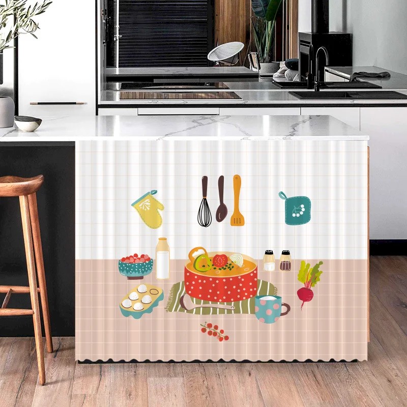 VIKAMA Hotpot Food Printing Cabinet Curtains, Kitchen Self-Adhesive Diamond Free Dust-Proof Cabinet Cover Curtains
