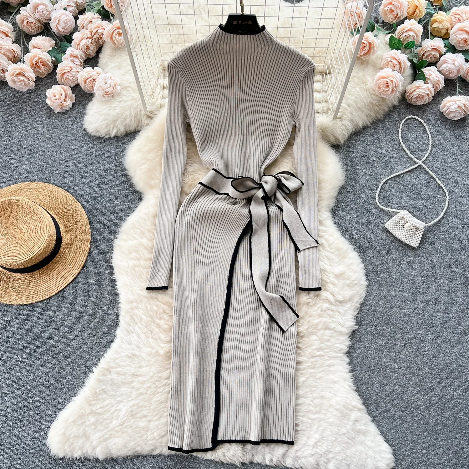 Eleganter Kontrast gerippt gestrickt Bodycon langes Kleid Frauen Herbst Winter mit Gürtel Bandage Streetwear Stretch Lady Kleider